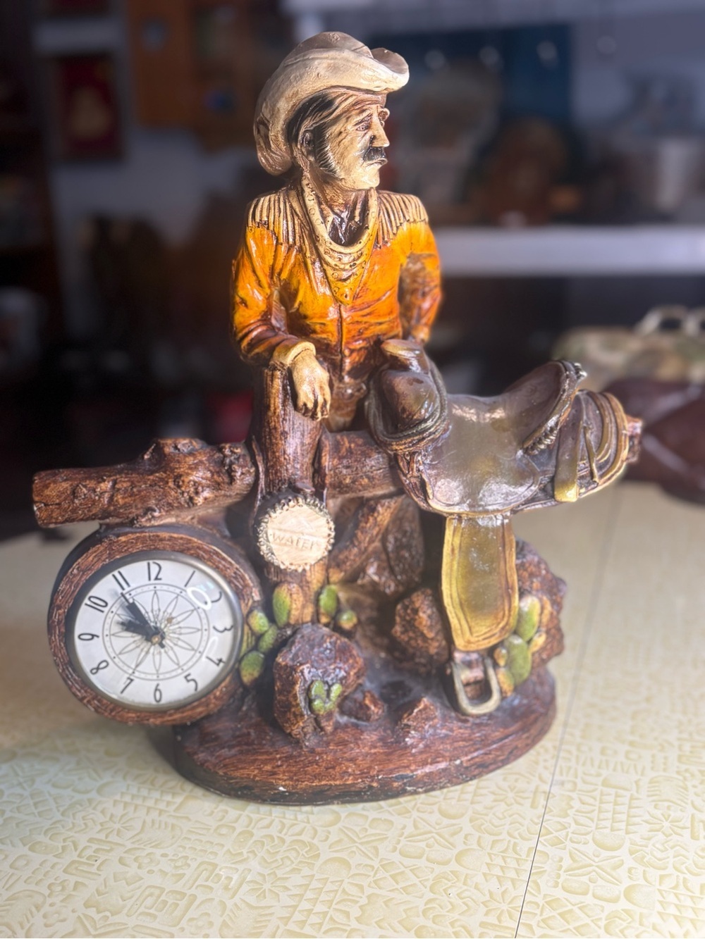 Vintage Western Cowboy Figurine Clock in Brown and Orange
